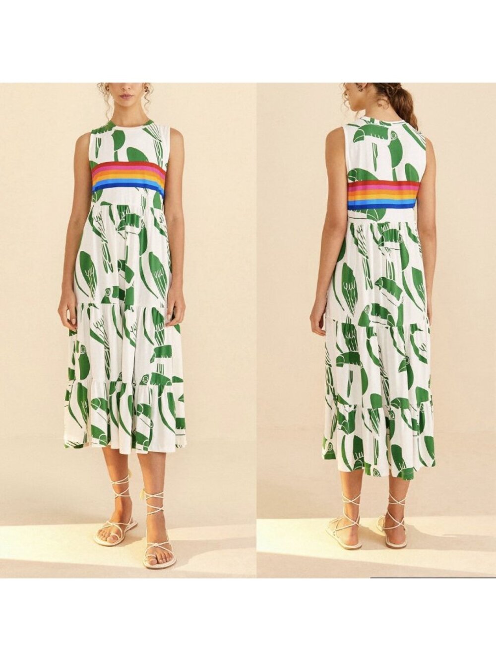 Farm Rio Rainbow Toucans White Midi Shirt Dress Sleeveless Tiered Women’s Sz XS